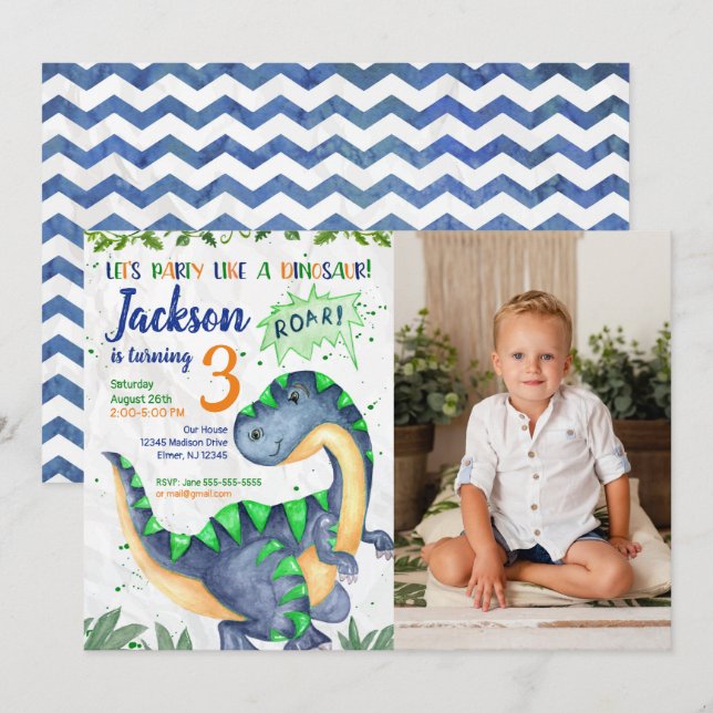 Invitation photo d'anniversaire de dinosaure pour  (Devant / Derrière)