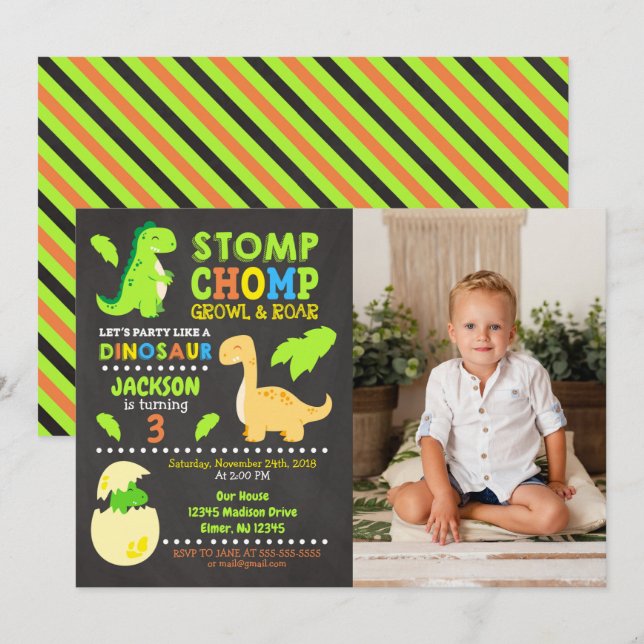 Invitation photo d'anniversaire de dinosaure pour  (Devant / Derrière)