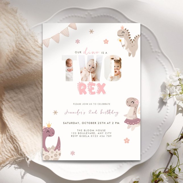 Invitation Photo d'anniversaire de dinosaure rose deux rex 2è (Dinosaur two tex 2nd birthday invitation for girls)