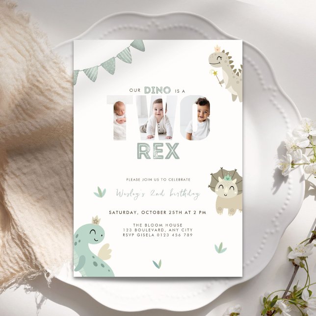 Invitation Photo d'anniversaire de dinosaure vert deux rex 2è (Dinosaur two tex 2nd birthday invitation for boys)