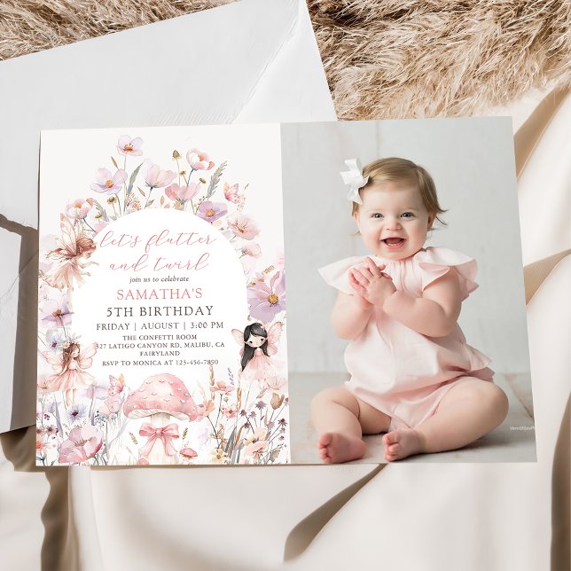Invitation Photo d'anniversaire de fée avec papillon floral e (Créateur téléchargé)