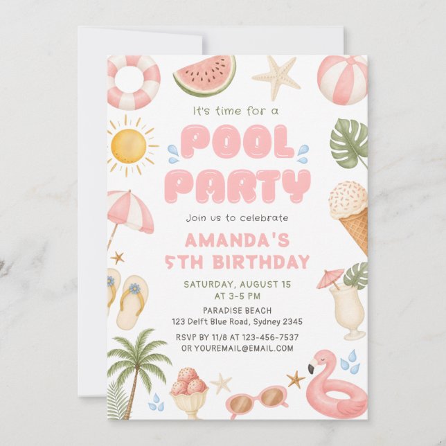 Invitation photo d'anniversaire de fête à la pisci (Devant)