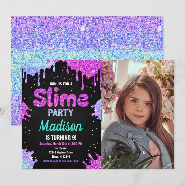 Invitation photo d'anniversaire de fête de slime p (Devant / Derrière)