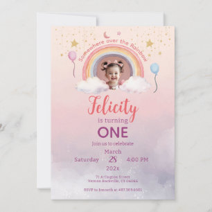 Invitation Photo d'anniversaire de fille arc-en-ciel pastel c
