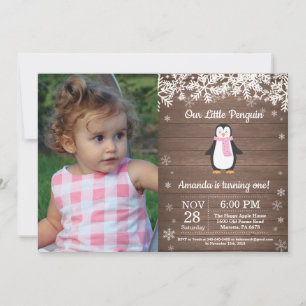 Invitation Photo d'anniversaire de fille d'hiver de manchot r
