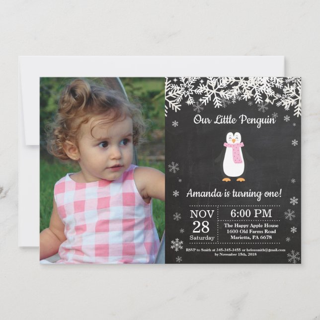 Invitation Photo d'anniversaire de fille en hiver avec pingou (Devant)