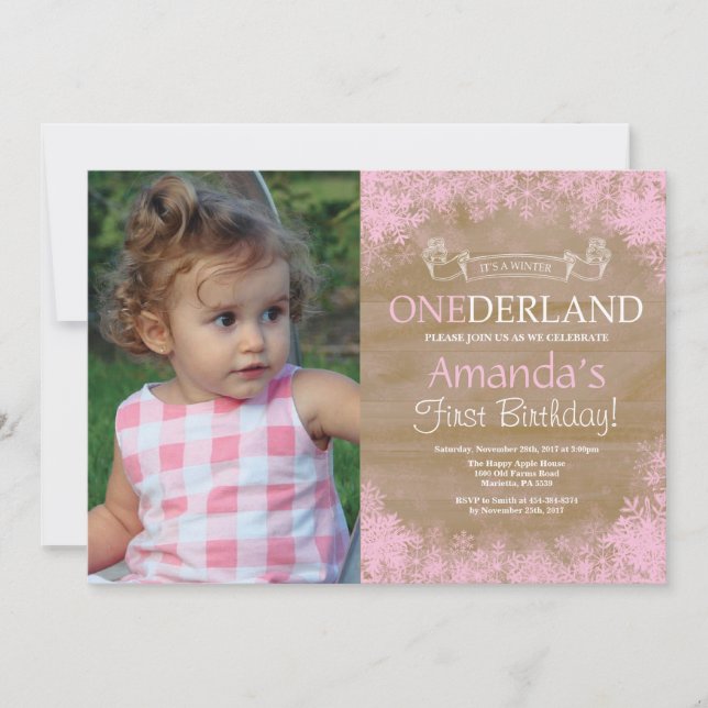 Invitation Photo d'anniversaire de fille rustique Winter Oned (Devant)