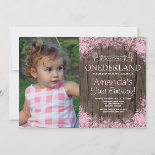 Invitation Photo d'anniversaire de fille rustique Winter Oned
