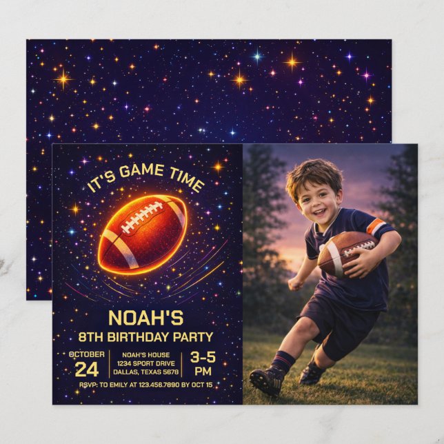 Invitation photo d'anniversaire de football à néon (Devant / Derrière)