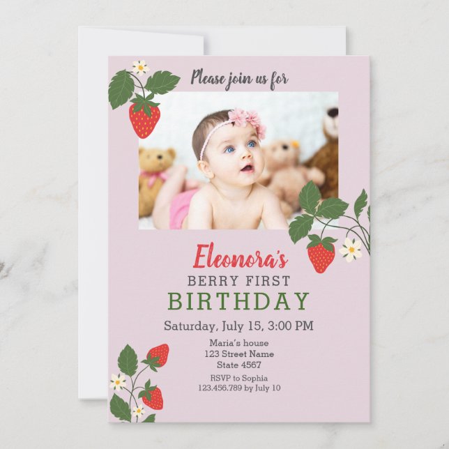 Invitation Photo d'anniversaire de fraise 1er anniversaire (Devant)