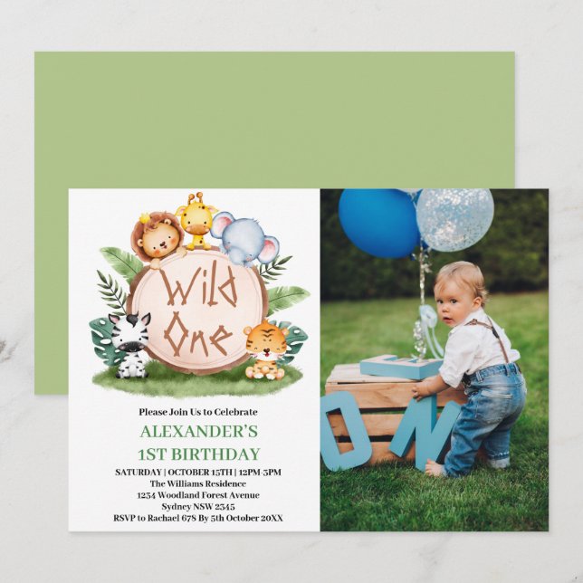 Invitation Photo d'anniversaire de la faune de la jungle de W (Devant / Derrière)