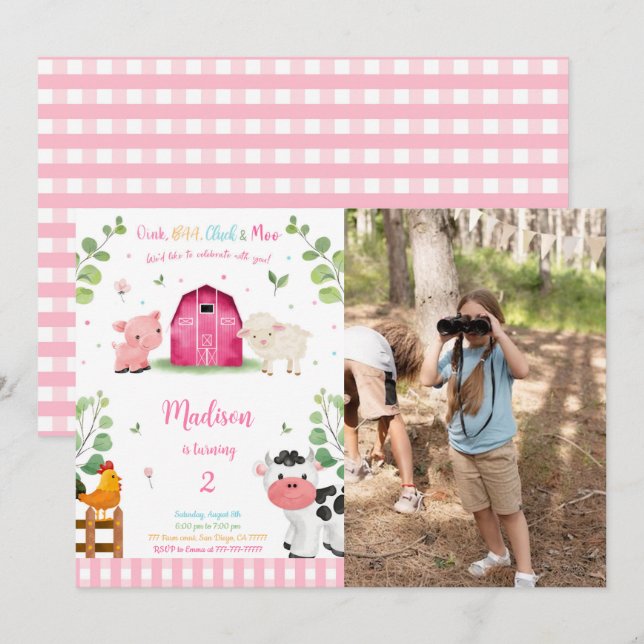 Invitation Photo d'anniversaire de la ferme pour filles (Devant / Derrière)