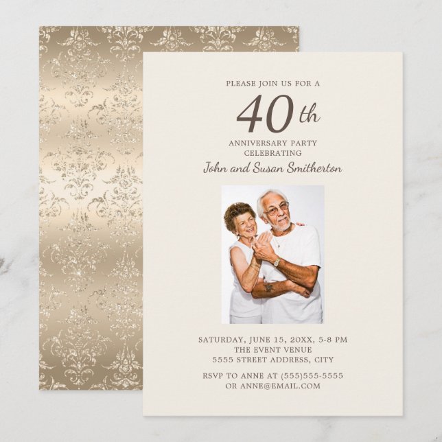 Invitation Photo d'anniversaire de mariage de 40 ans en Damas (Devant / Derrière)