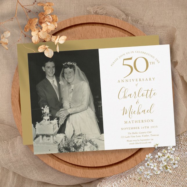 Invitation Photo d'anniversaire de mariage de 50 ans à signat (Golden Signature 50th Wedding Anniversary Photo Invitation)