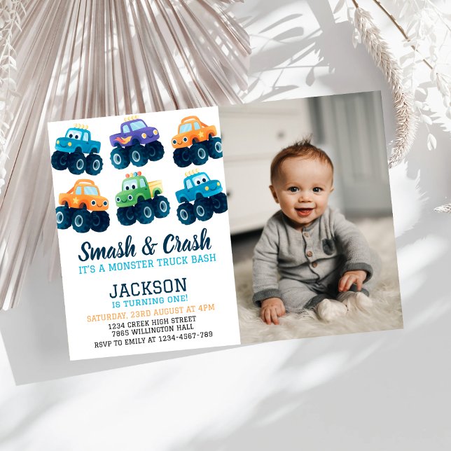 Invitation Photo d'anniversaire de Monster Truck Smash and Cr (Créateur téléchargé)
