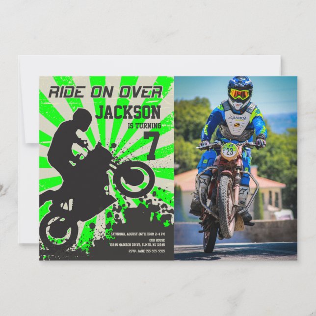 Invitation photo d'anniversaire de moto de cross / (Devant)