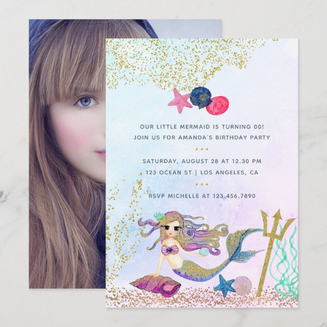 Invitation photo d'anniversaire de sirène à l'aqua (Devant / Derrière)