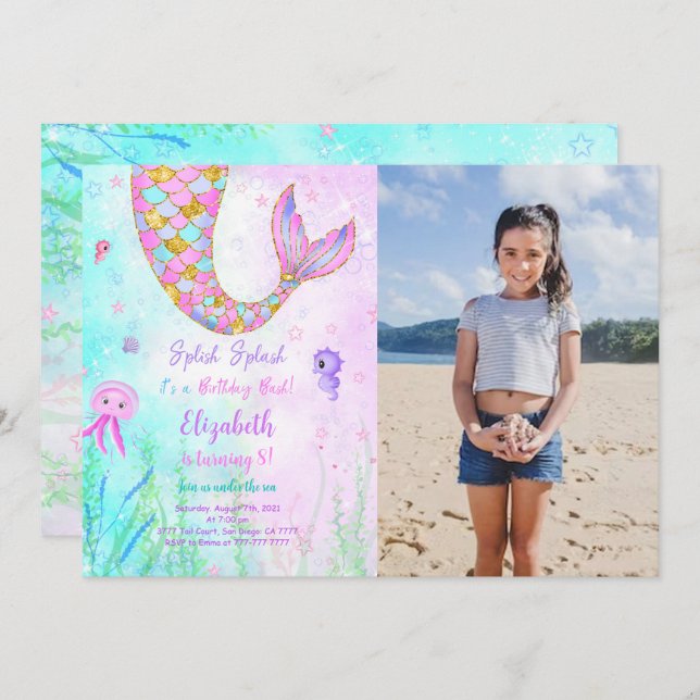 Invitation photo d'anniversaire de sirène pour enf (Devant / Derrière)