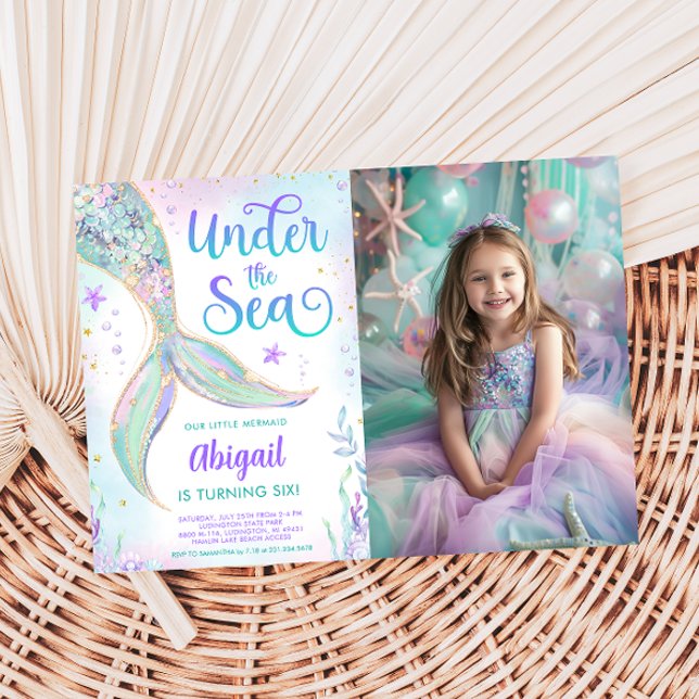 Invitation photo d'anniversaire de sirène sous la  (Under the Sea Mermaid Birthday Photo Invitation)