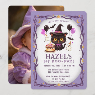 Invitation Photo d'anniversaire de sorcière chat pastel migno