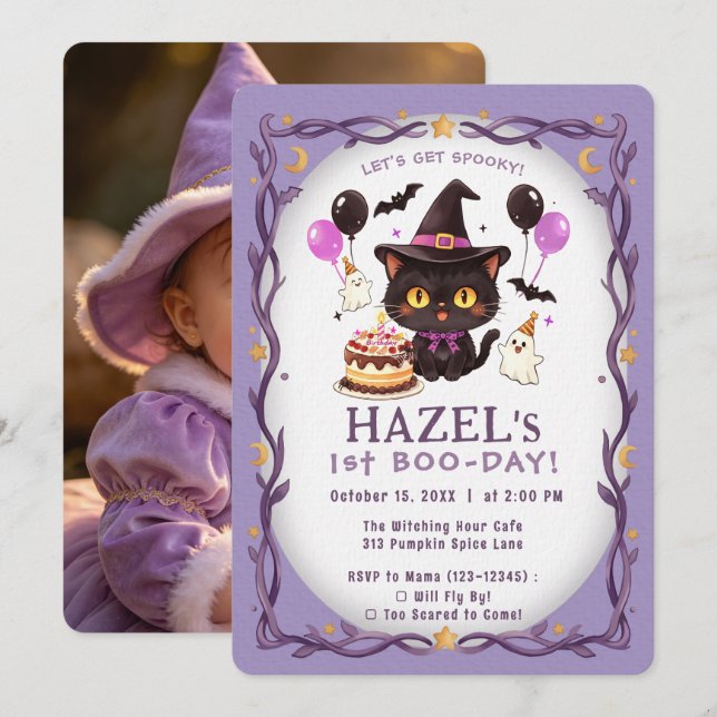 Invitation Photo d'anniversaire de sorcière chat pastel migno (Devant / Derrière)