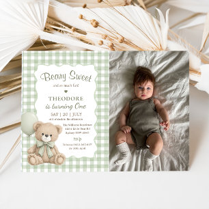 Invitation Photo d'anniversaire de Teddy Ballon Vert Beary Sw