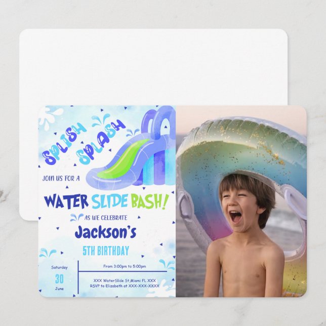 Invitation photo d'anniversaire de toboggan à eau (Devant / Derrière)