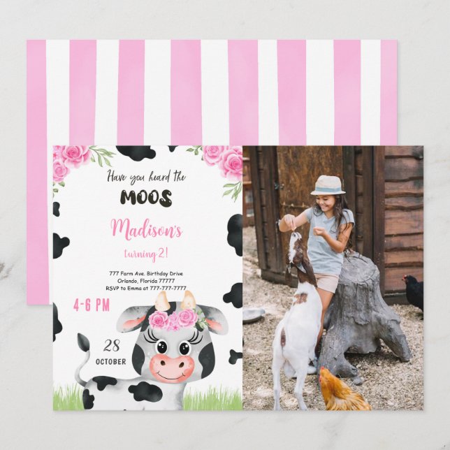 Invitation photo d'anniversaire de vache modifiabl (Devant / Derrière)
