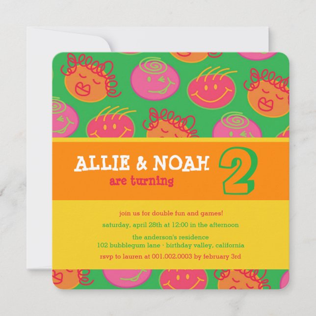 Invitation photo d'anniversaire des jumeaux Cartoo (Devant)