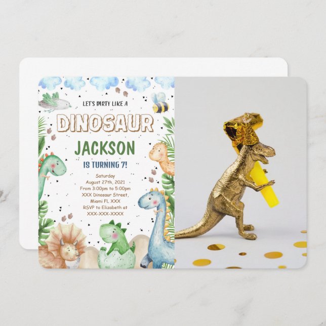 Invitation photo d'anniversaire dinosaure (Devant / Derrière)