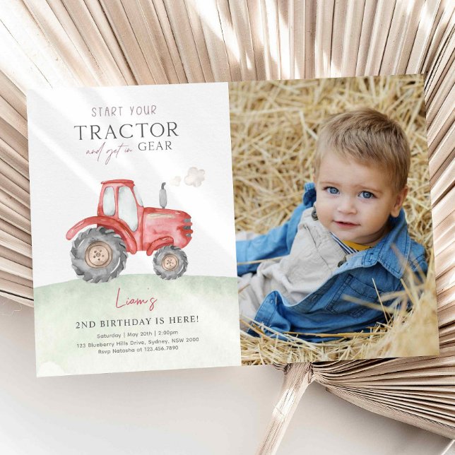 Invitation Photo d'anniversaire du tracteur rouge (Créateur téléchargé)