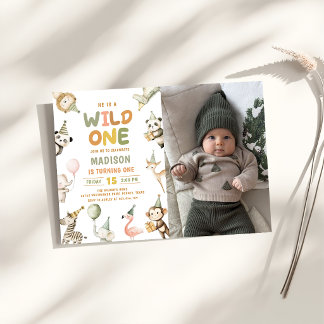 Invitation Photo d'anniversaire d'un an Safari Animaux Sauvag