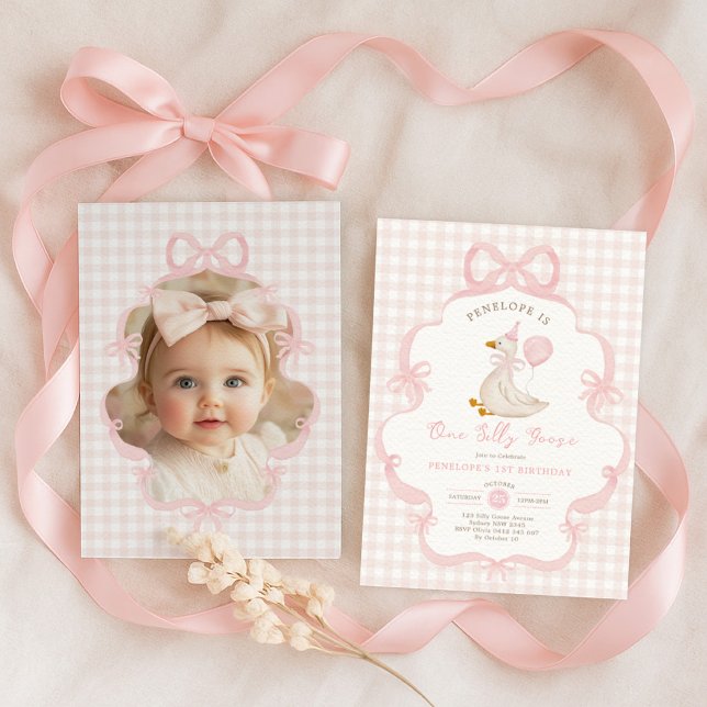 Invitation Photo d'anniversaire d'une fille avec un ruban ros (Créateur téléchargé)