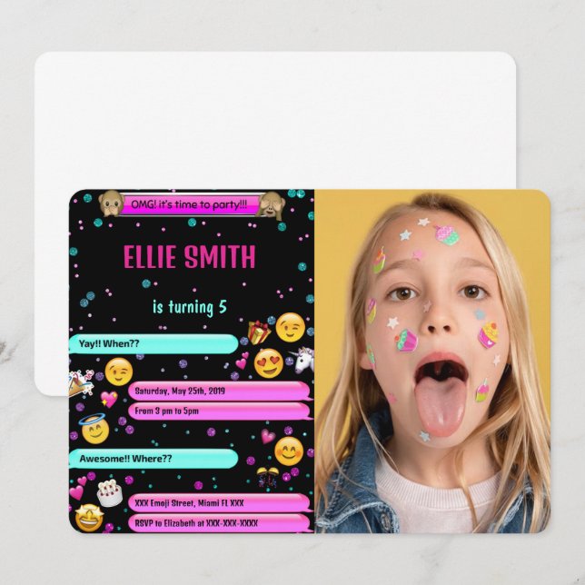 Invitation photo d'anniversaire Emoji (Devant / Derrière)