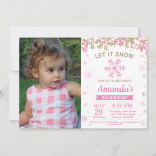 Invitation Photo d'anniversaire fille flocon de neige rose et