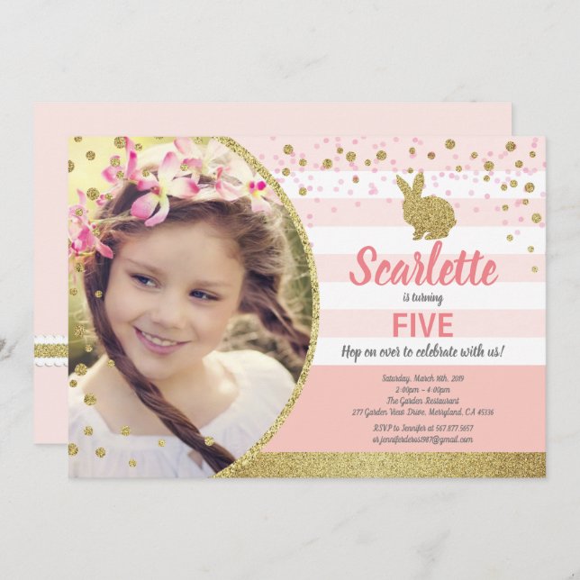 Invitation photo d'anniversaire fille lapin rose o (Devant / Derrière)