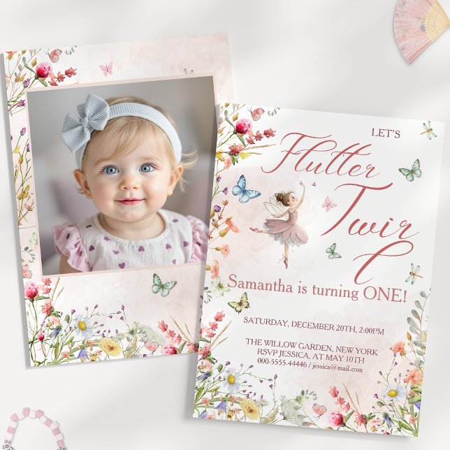 Invitation Photo d'anniversaire Flutter Twirl Magical Wings P (Flutter Twirl Magical Wings First Birthday Photo Invitation)