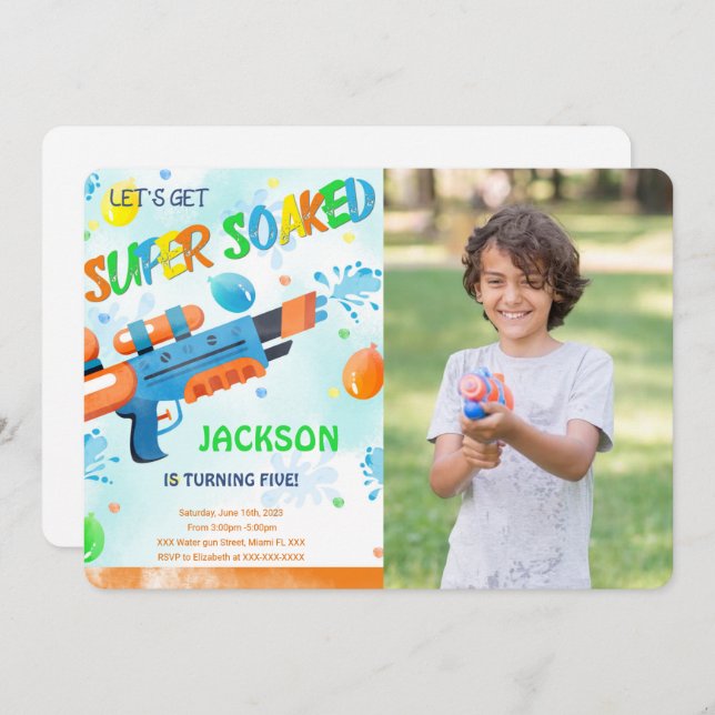 Invitation photo d'anniversaire garçon pistolet à  (Devant / Derrière)