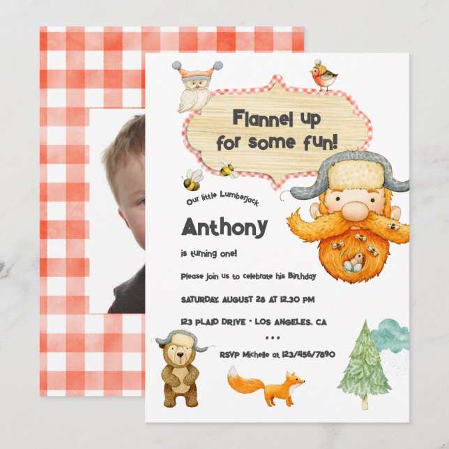 Invitation Photo d'anniversaire Gingham Lumberjack Kids (Devant / Derrière)