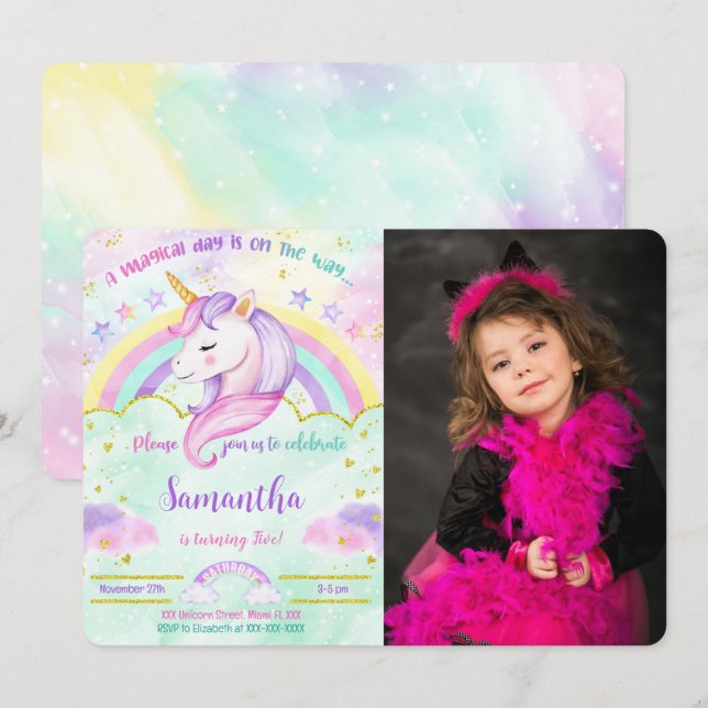 Invitation photo d'anniversaire licorne  (Devant / Derrière)
