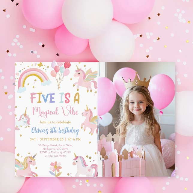 Invitation Photo d'anniversaire licorne Five Is A Magical Vib (Créateur téléchargé)