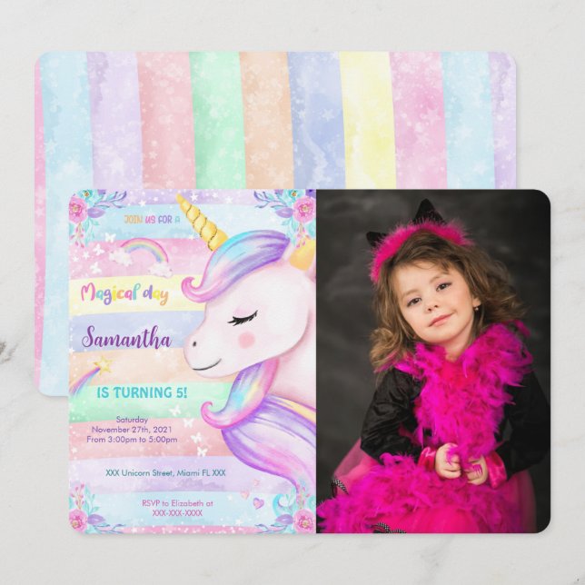 Invitation photo d'anniversaire licorne magique  (Devant / Derrière)