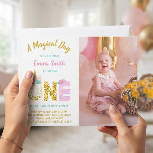 Invitation Photo d'anniversaire licorne rose pailletée or 1er