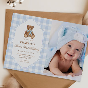 Invitation Photo d'anniversaire minimaliste bleu ours en pelu