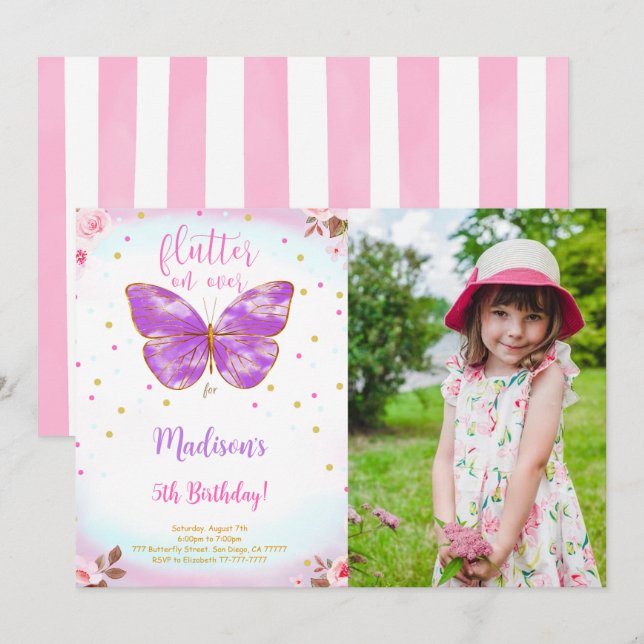 Invitation photo d'anniversaire papillon 5 ans (Devant / Derrière)