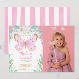 Invitation photo d'anniversaire papillon aquarelle