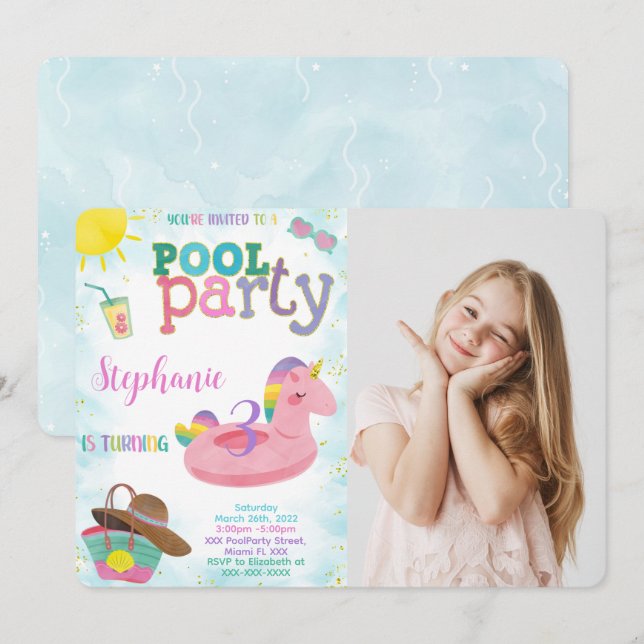 Invitation photo d'anniversaire Piscine Cool (Devant / Derrière)