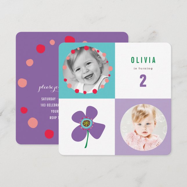 Invitation photo d'anniversaire pour fille avec de (Devant / Derrière)