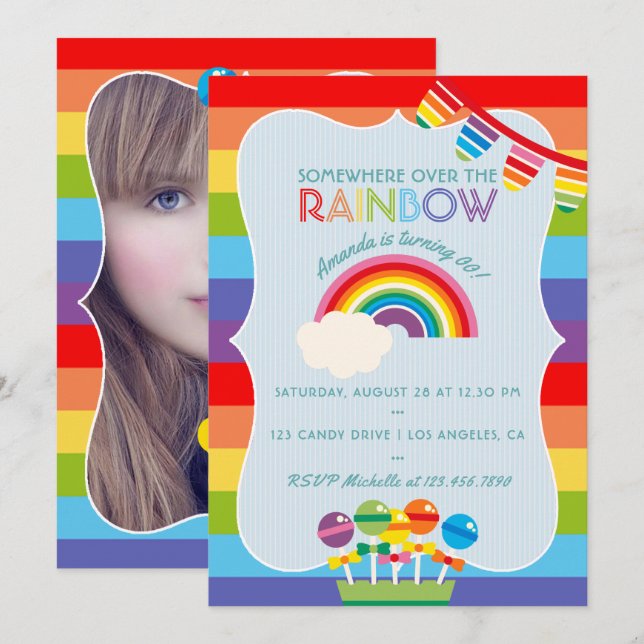 Invitation photo d'anniversaire Rainbow Candy (Devant / Derrière)