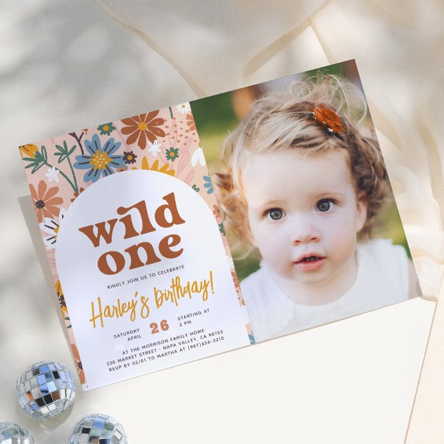 Invitation Photo d'anniversaire Rétro Boho Wildflower 1ère an (Créateur téléchargé)